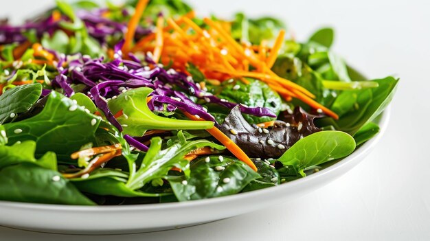 fotografía de cerca de una ensalada de jengibre de sésamo asiático sobre un fondo blanco