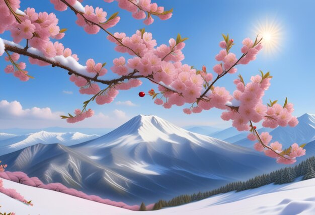 Fotografía de cerca de las flores de cerezo con el monte Fuji en el fondo