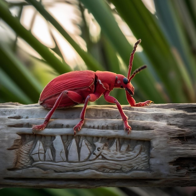 Fotografía de cerca de un gorgojo de palma rojo en una tabla de madera en las islas maltesas