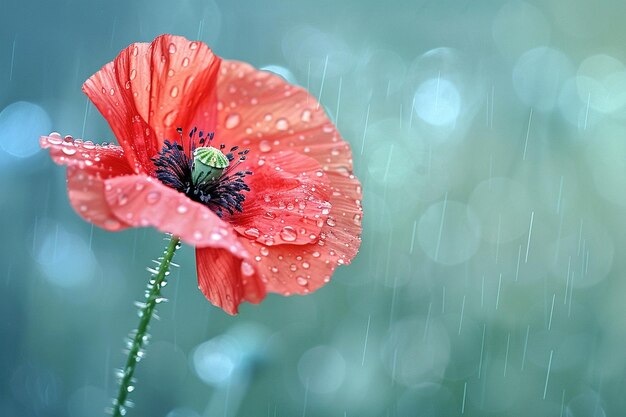 Fotografía de cerca de una hermosa flor silvestre que florece en un campo con un poco de rocío matinal