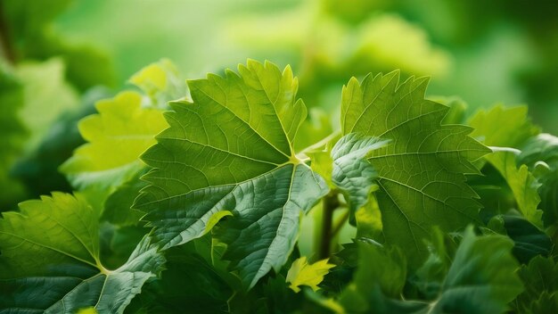 Fotografía de cerca de hojas de uva verdes frescas en un fondo borroso