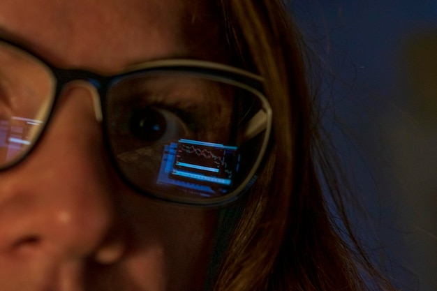 Fotografía de cerca de la mujer frente a la pantalla de la computadora con gráficos de barras de negociación reflejados en sus gafas Finanzas