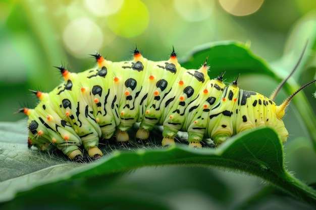 Fotografía de cerca de una oruga que se arrastra en la planta verde