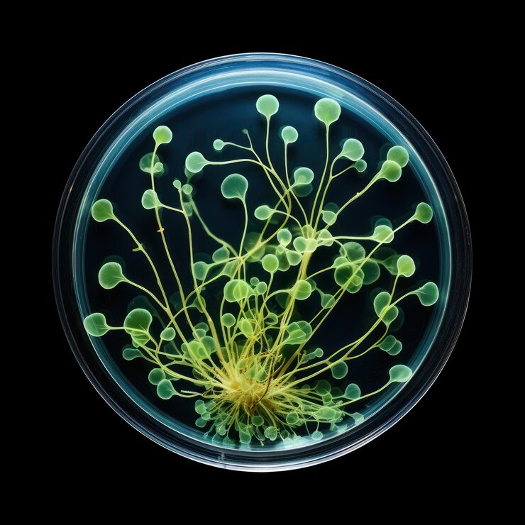 Fotografía de cerca de una placa de Petri con bacterias y cultivos en un fondo oscuro