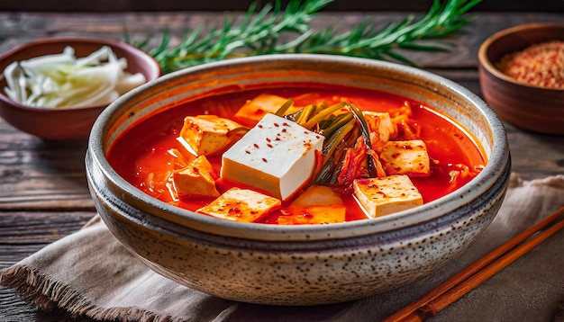 fotografía de cerca de la sopa de kimchi con sopa tradicional coreana de tofu