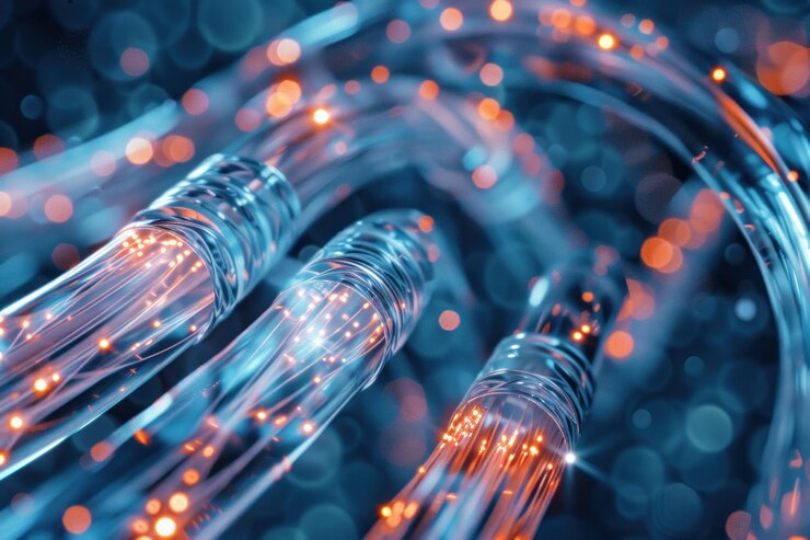 Foto fotografía de cerca de un trío de cables de fibra óptica entrelazados