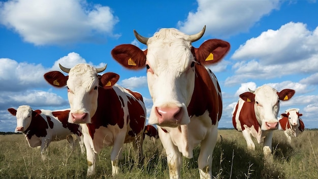 Fotografía de cerca de vacas en el campo cubierto de hierba bajo un cielo nublado azul durante el día en Francia