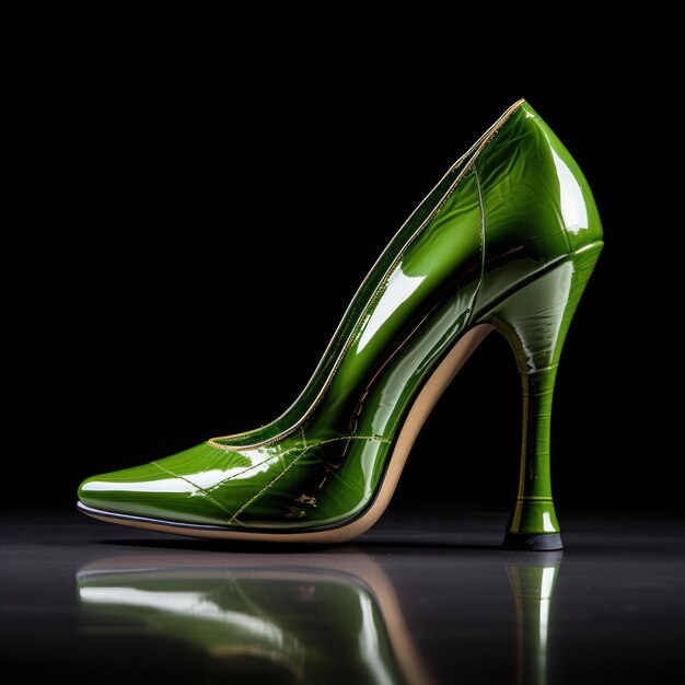 Fotografía de cerca un zapato de tacón verde sobre fondo negro