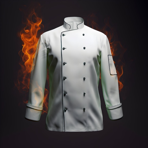 Fotografía de chaqueta de chef profesional para su texto y diseño con llamas de fuego en el fondo