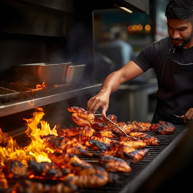 Fotografía de un chef cocinando pollo peri peri en la parrilla