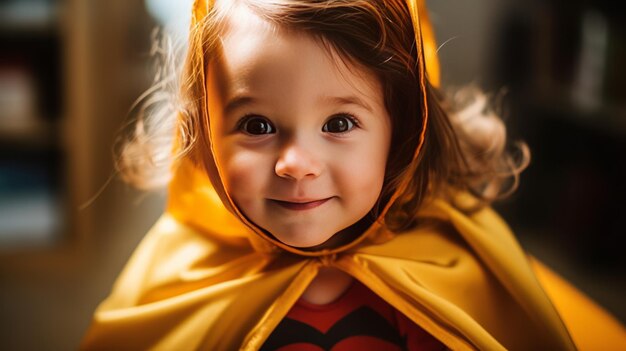 Fotografía de una chica linda y divertida con un disfraz de superhéroe con lente telefoto con iluminación natural realista