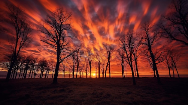 Una fotografía de un cielo con sol, nubes, pájaros y árboles.