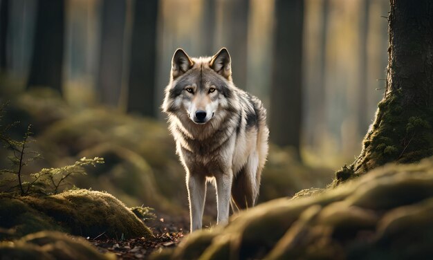 Foto fotografia cinematográfica de lobo em uma clareira florestal