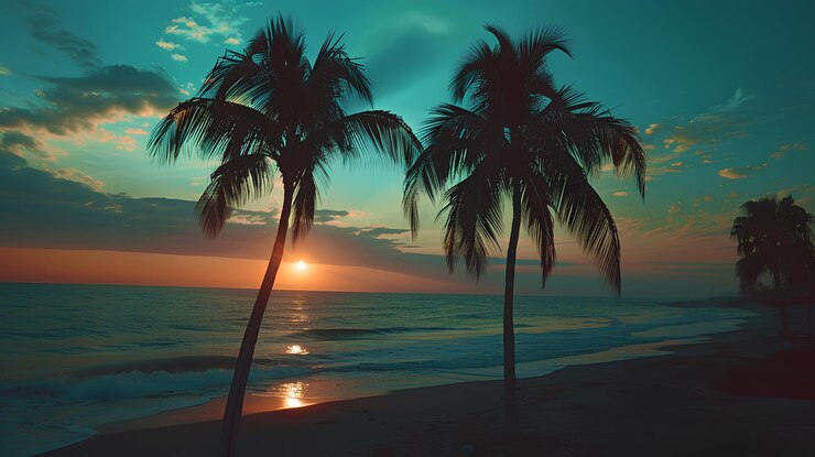 Foto fotografia cinematográfica de paisagens de palmeiras na praia durante