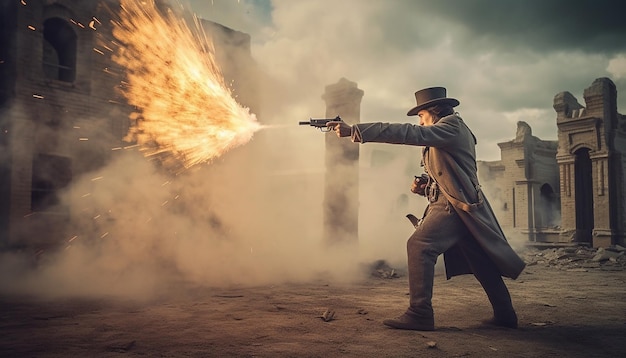 Fotografia cinematográfica de um momento de disparo de arma de volta no tempo com a tecnologia Generative AI