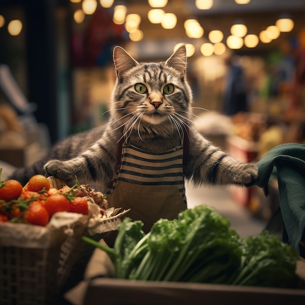 Fotografía cinematográfica de un gato sosteniendo una bolsa de compras llena de verduras con patas