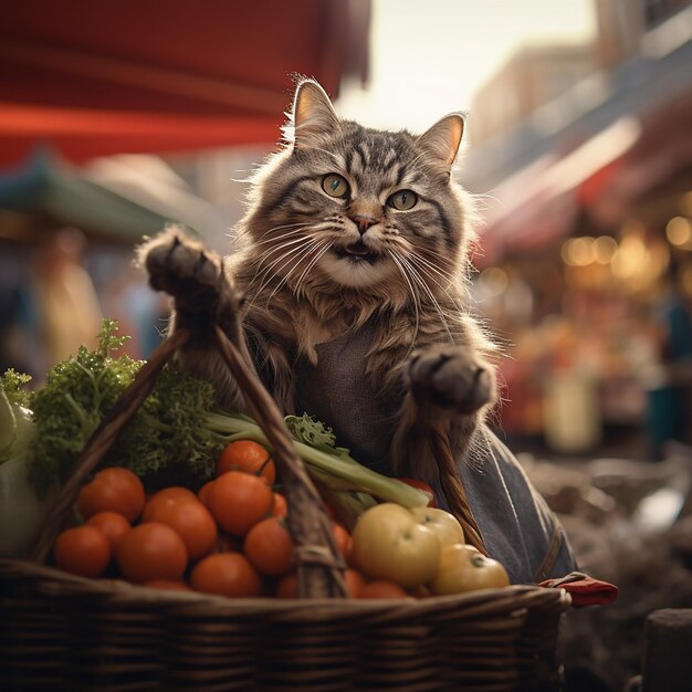 Fotografía cinematográfica de un gato sosteniendo una bolsa de compras llena de verduras con patas