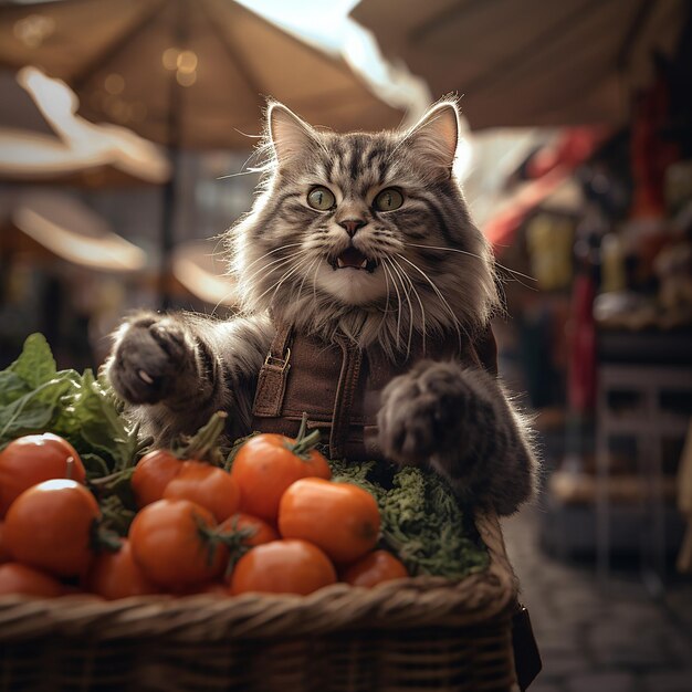 Fotografía cinematográfica de un gato sosteniendo una bolsa de compras llena de verduras con patas