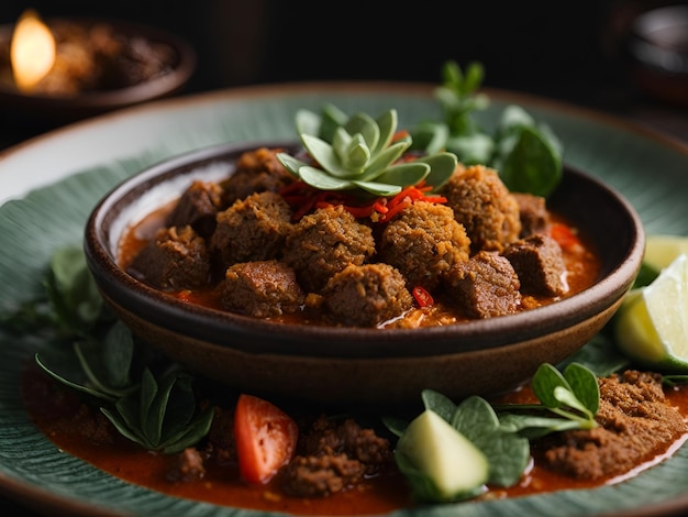 Fotografía cinematográfica hiperrealista del paisaje gastronómico indonesio de Rendang