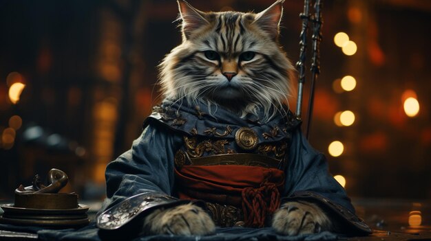 una fotografía cinematográfica de un retrato de cuerpo entero de un gato que lleva uniformes de samurai IA generativa