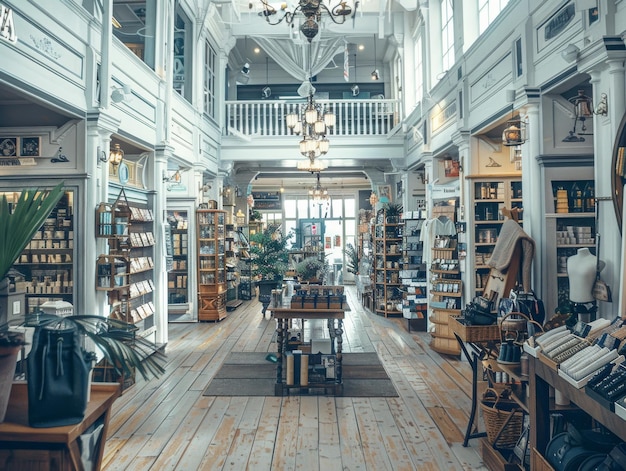 Una fotografía cinematográfica de una tienda por departamentos a la luz del día en un estilo antiguo
