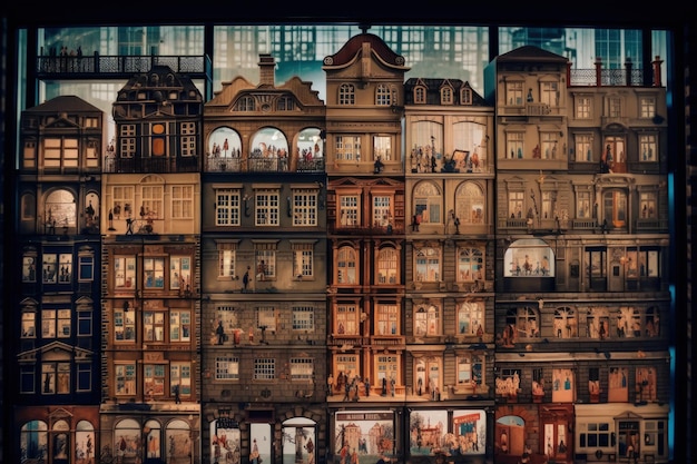 Una fotografía de una ciudad de varios niveles, muchas ventanas, siluetas coloridas de diferentes personas y mascotas
