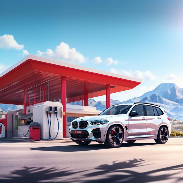 Foto fotografía de coche estacionado en un techo blanco y una gasolinera de polo rojo ia generativa