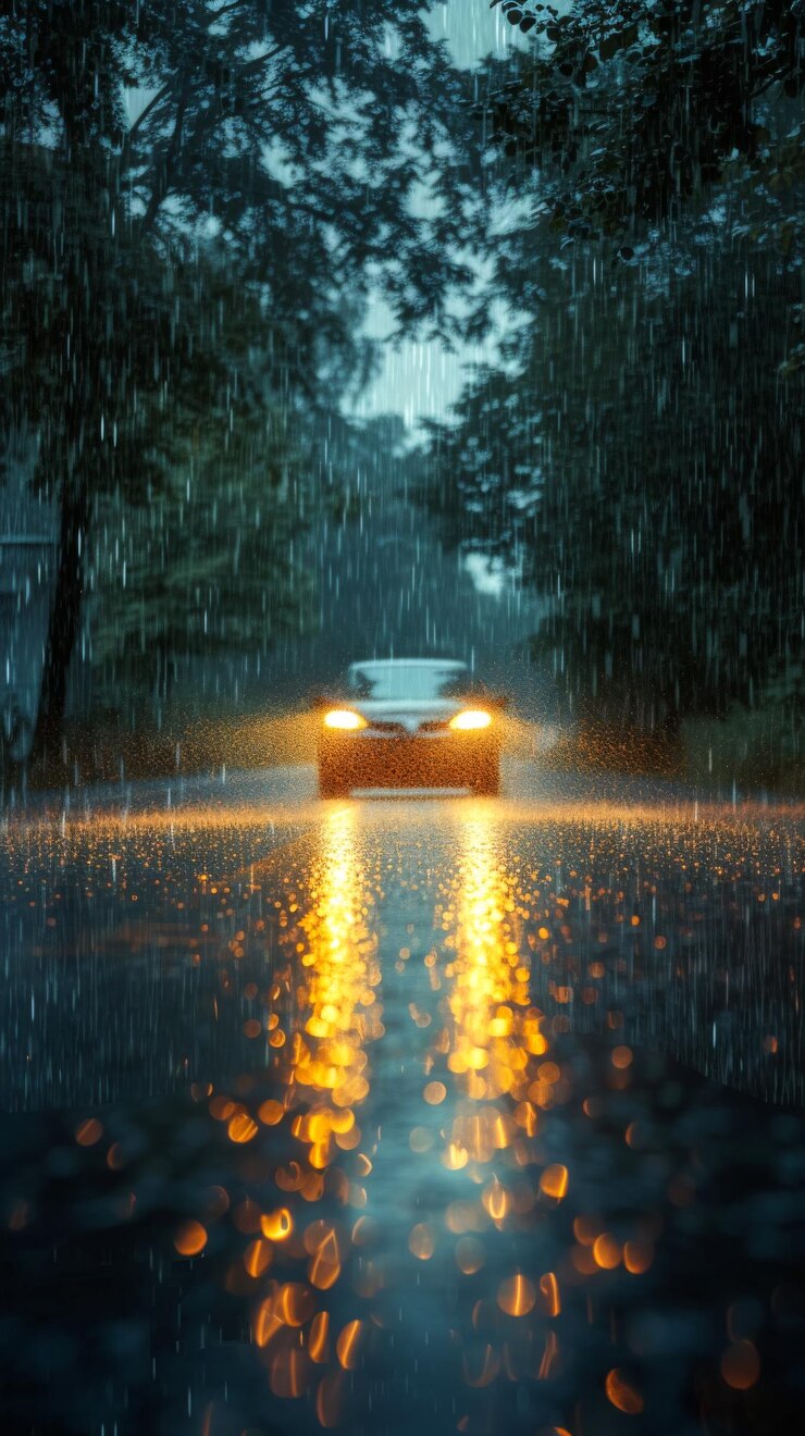 Fotografía de un coche con faros brillantes atravesando el crepúsculo lluvioso