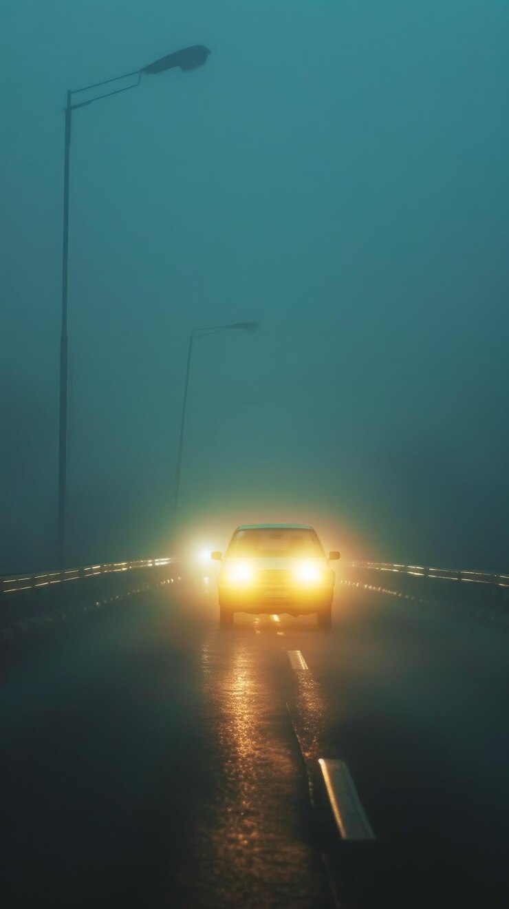 Fotografía de un coche con faros brillantes atravesando la espesa niebla de la mañana
