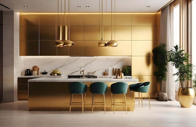 Fotografía de cocina moderna rica en oro y diseño de interiores de vida minimalista renderizado en 3D