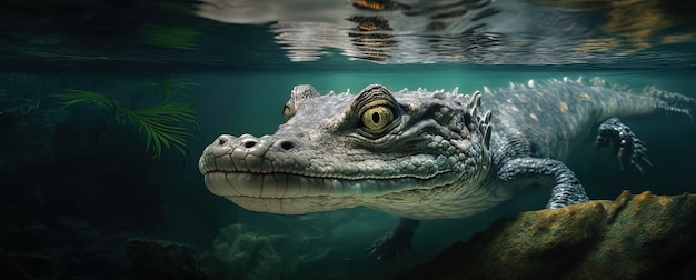 Fotografía de un cocodrilo nadando bajo el agua cerca de la cabeza AIGenerated