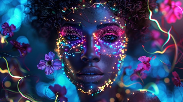 fotografía de colores brillantes de una mujer con maquillaje brillante y flores generativo ai