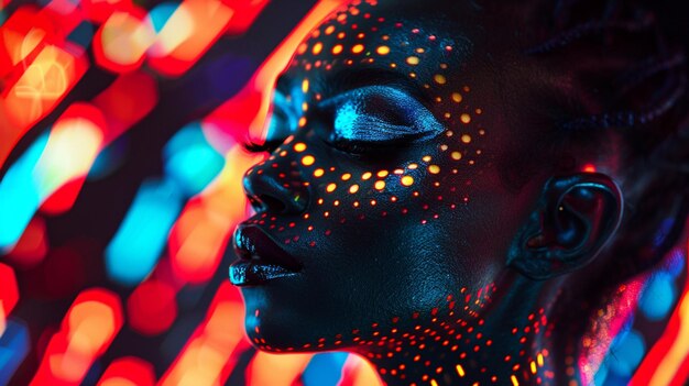 fotografía de colores brillantes de una mujer con maquillaje brillante y piel brillante