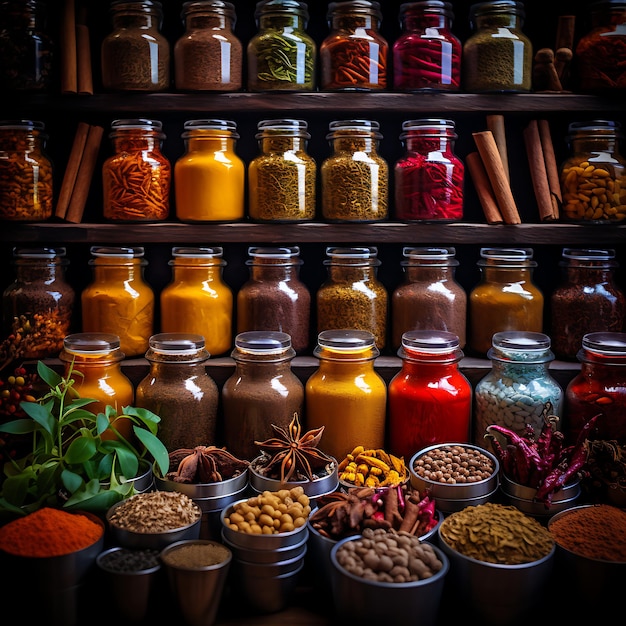 Fotografía los colores vibrantes y las texturas de diferentes especias y hierbas en la cocina.