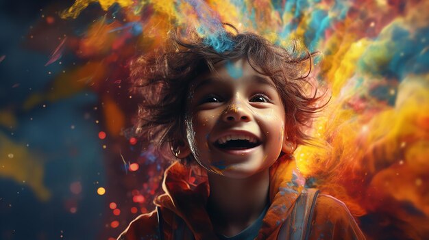 Una fotografía colorida de un niño en el festival Holi Generative Ai