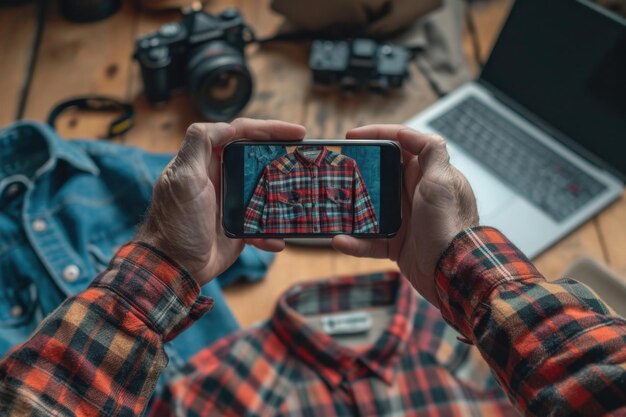 Fotografia com smartphone Capturando uma camisa xadrez em madeira