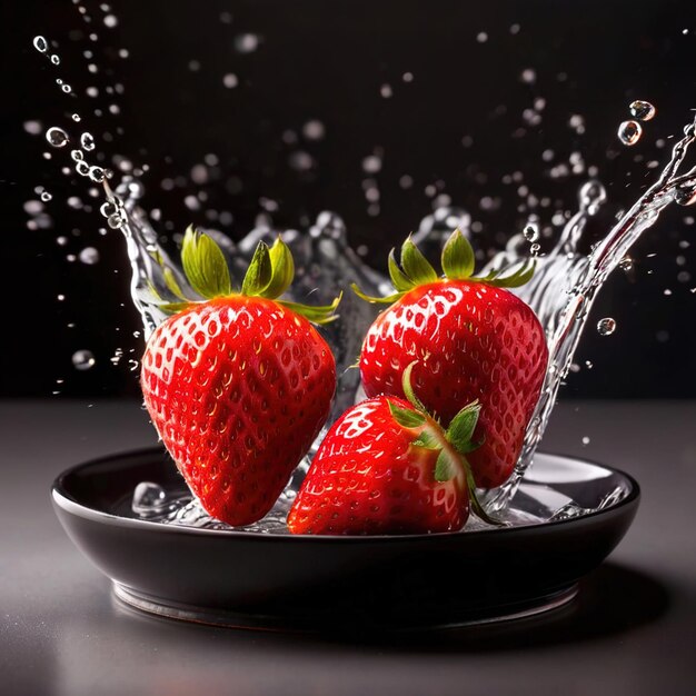 Foto fotografía comercial de alimentos de fresas con ráfaga dinámica de salpicaduras de líquido