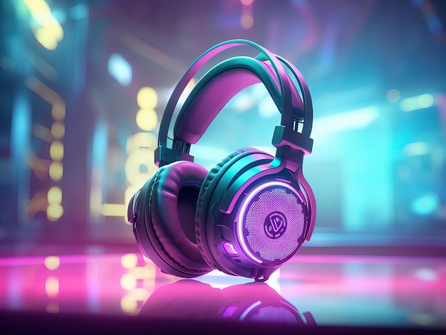 Fotografía comercial de auriculares cyberpunk con fondo de neón pastel y gradación de colores triádica