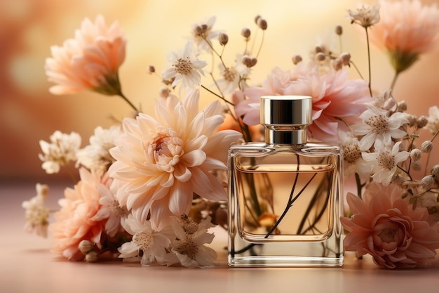 Fotografia comercial de um frasco de perfume em fundo bege