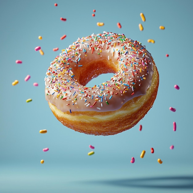 Fotografía de comida de alta resolución de una rosquilla esmaltada flotando en el aire