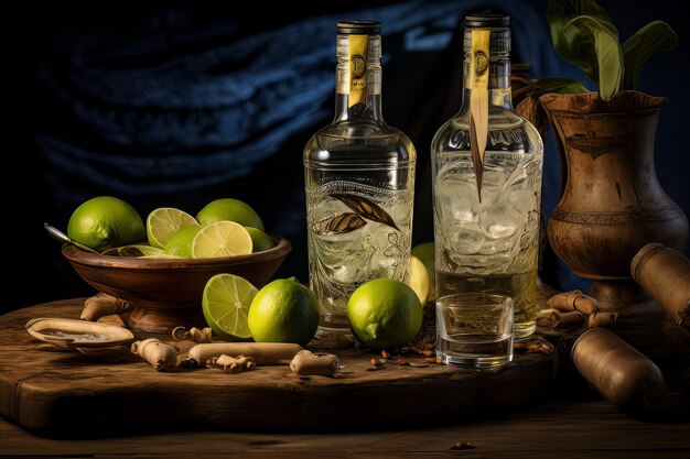 Fotografía de comida con botella y vasos de cachaca.