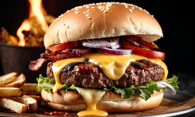 Fotografía de comida de una deliciosa hamburguesa cubierta con queso derretido