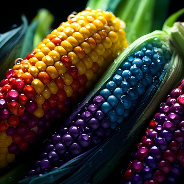 Foto fotografía de comida de maíz de color fotografía digital hiperrealista de maíz dulce de color arco iris