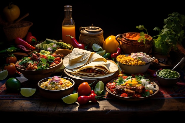Fotografía de comida mexicana en la mesa de fiesta mexicana.
