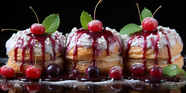 fotografía de comida de panadería de primer plano de pasteles dorados con cereza y mermelada