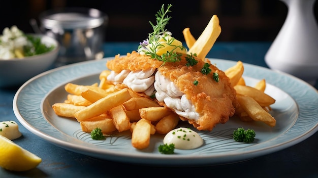 Fotografía de comida con pescado clásico y papas fritas hechas a mano en el estilo de la cocina molecular hermosamente d