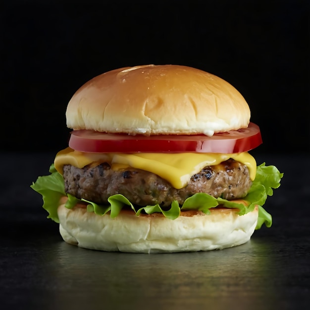 fotografía de comida profesional de cerca de una hamburguesa con lechuga y tomate