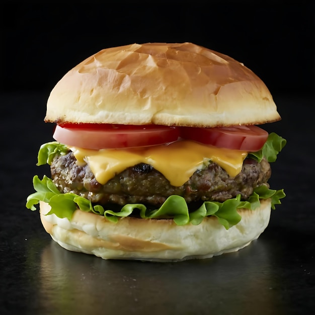 fotografía de comida profesional de cerca de una hamburguesa con lechuga y tomate