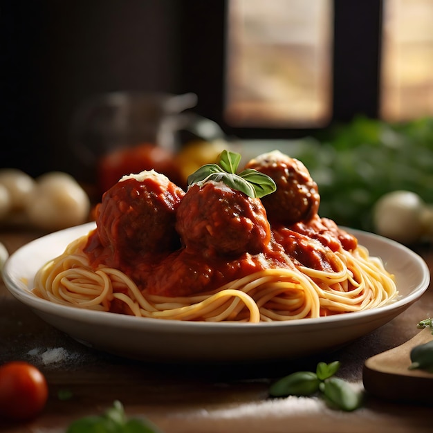 Fotografía de comida realista foto de espagueti y albóndigas de carne IA