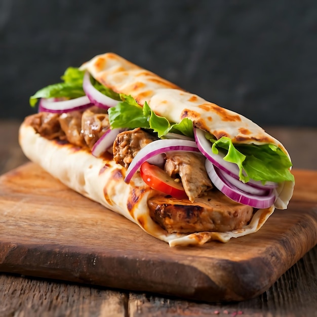 Fotografía de comida de Shawarma en un fondo de tablero de madera